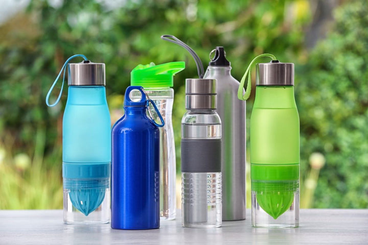 An assortment of reusable water bottles